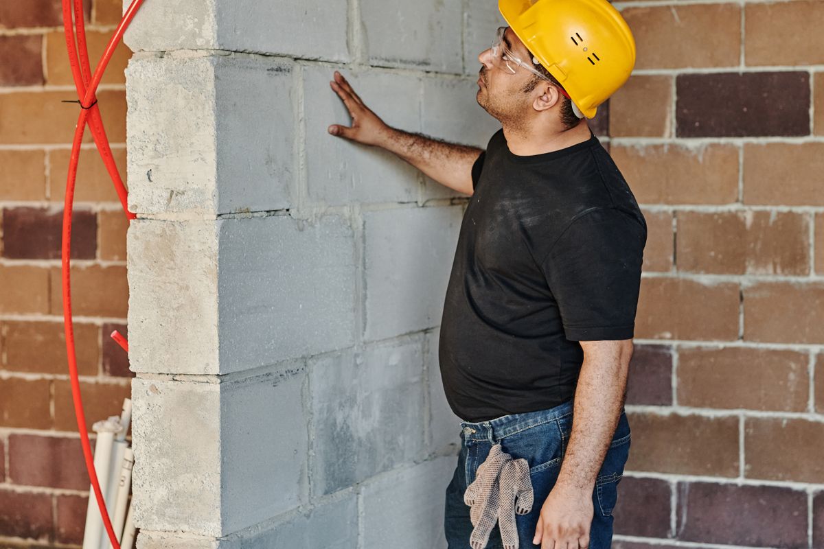 Ingeniero con casco inspeccionando de cerca un muro de block en una edificación existente